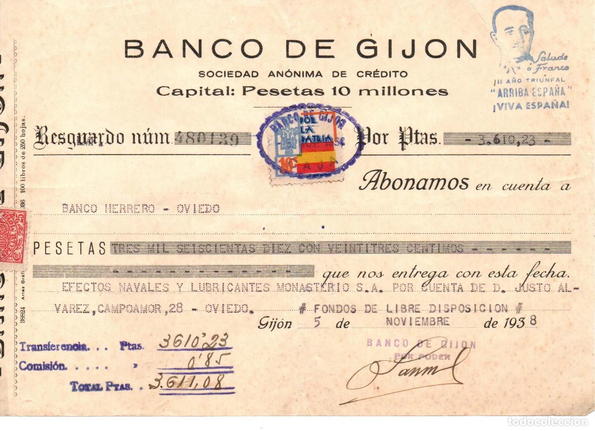 Militaria: Guerra civil. Banco de Gij&oacute;n. Vi&ntilde;eta por la patria. Bonito documento. Noviembre 1938