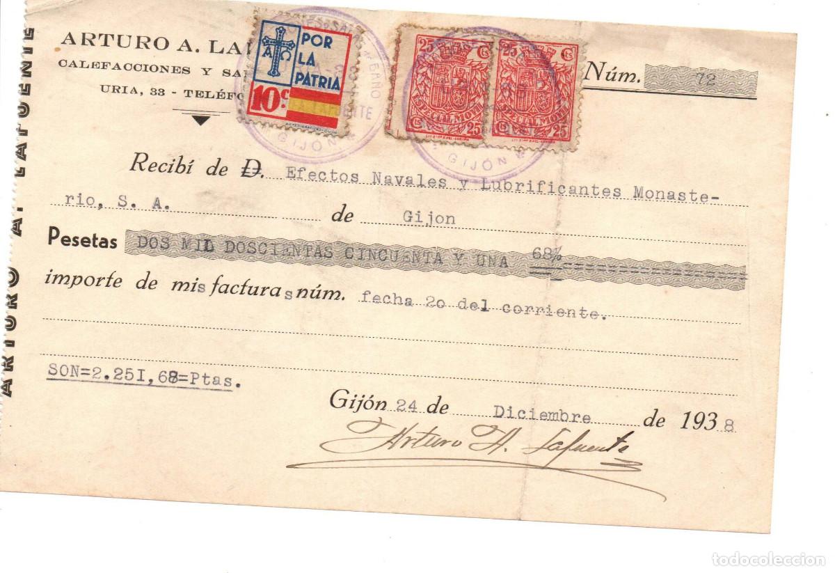 Militaria: Guerra civil. Recib&iacute; Arturo Lafuente. Gij&oacute;n. Vi&ntilde;eta por la patria. Especial m&oacute;vil. Diciembre 1938