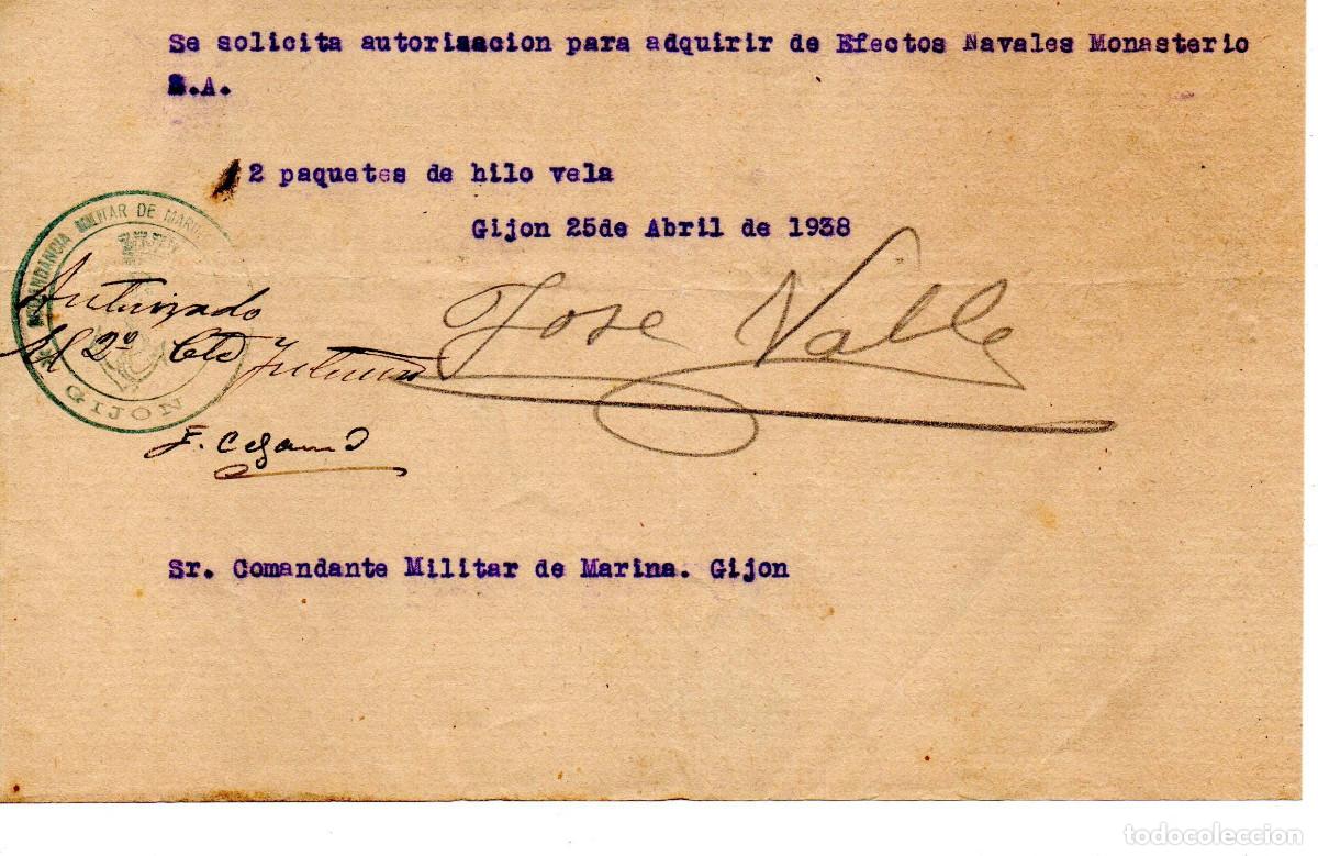 Militaria: Guerra civil. Autorizaci&oacute;n Comandancia militar de marina. Gijon. Abril 1938 Bonito documento