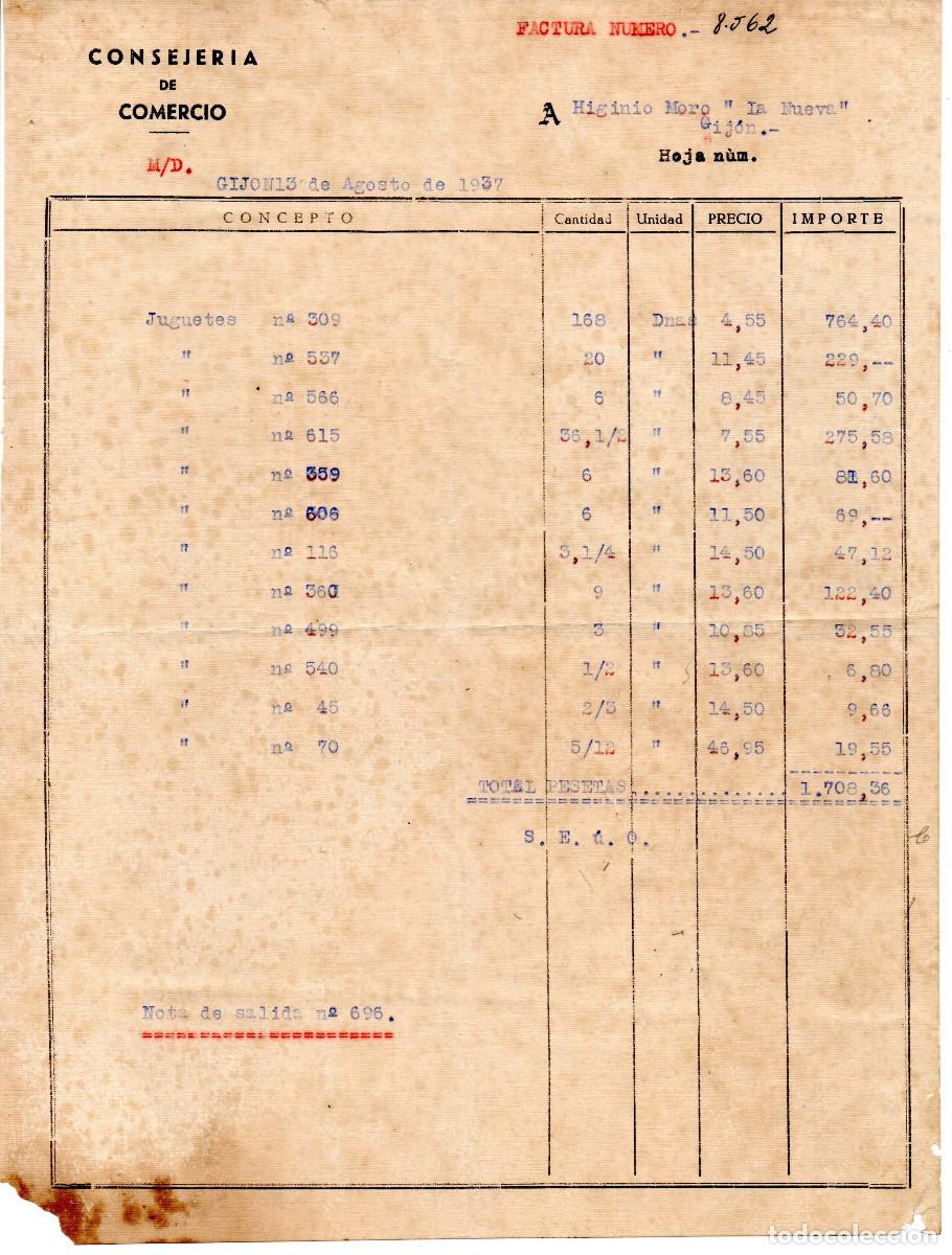 Militaria: Guerra civil. Consejer&iacute;a de comercio. Consejo de Asturias y Le&oacute;n. Agosto 1937 Factura Gij&oacute;n