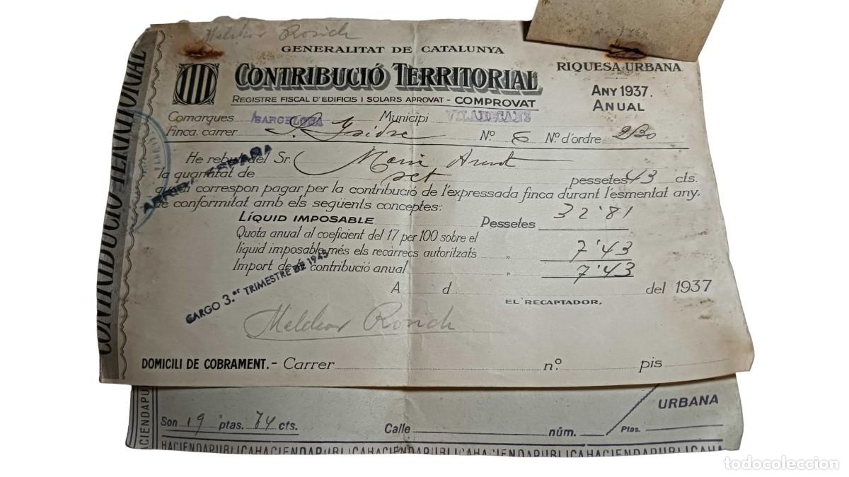Militaria: RECIBO ANTIGUO &rdquo;CONTRIBUCI&Oacute; TERRITORIAL&rdquo; GENERALITAT DE CATALUNYA - VILADECANS - GUERRA CIVIL, 1937