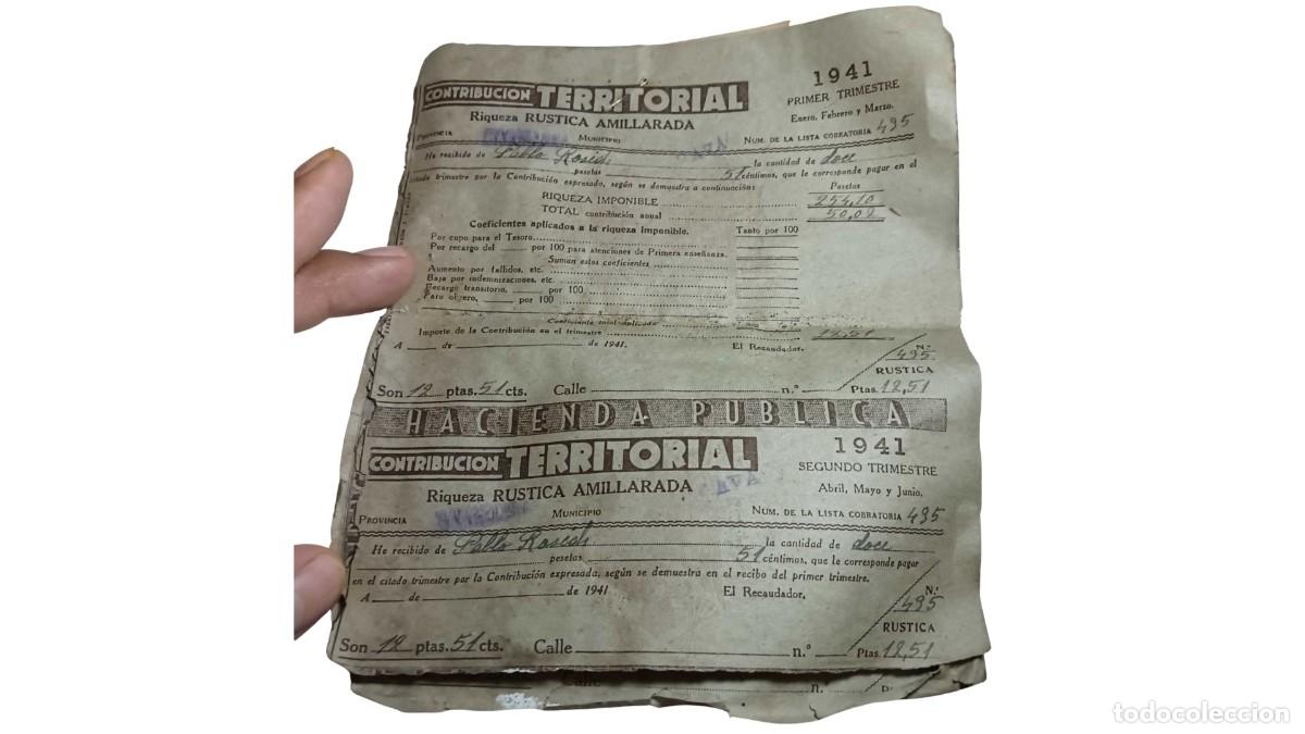 Militaria: LOTE DE RECIBOS ANTIGUOS &rdquo;CONTRIBUCI&Oacute;N TERRITORIAL&rdquo; - HACIENDA P&Uacute;BLICA - RIQUEZA R&Uacute;STICA - 1941