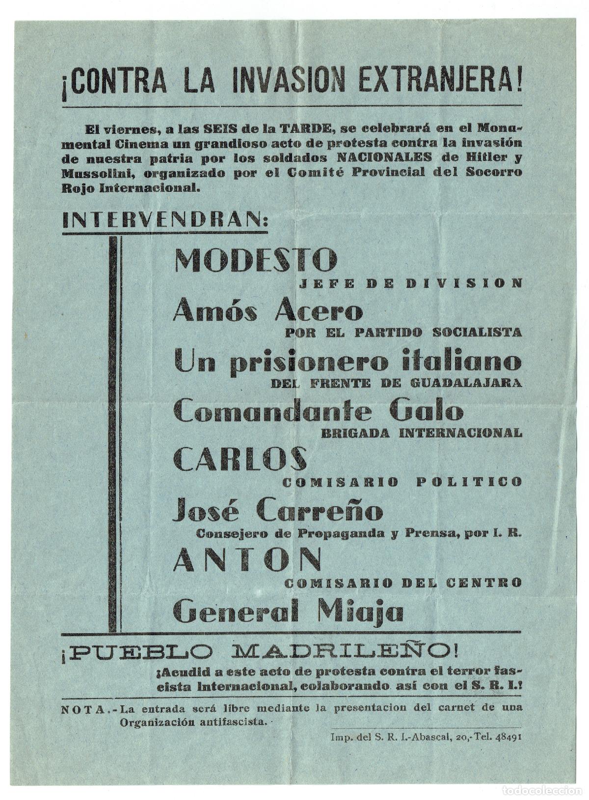 Militaria: Documento Mitin Madrid contra invasi&oacute;n extranjera &ndash; Guerra Civil &ndash; Miaja &ndash; Brigadas Internacionales