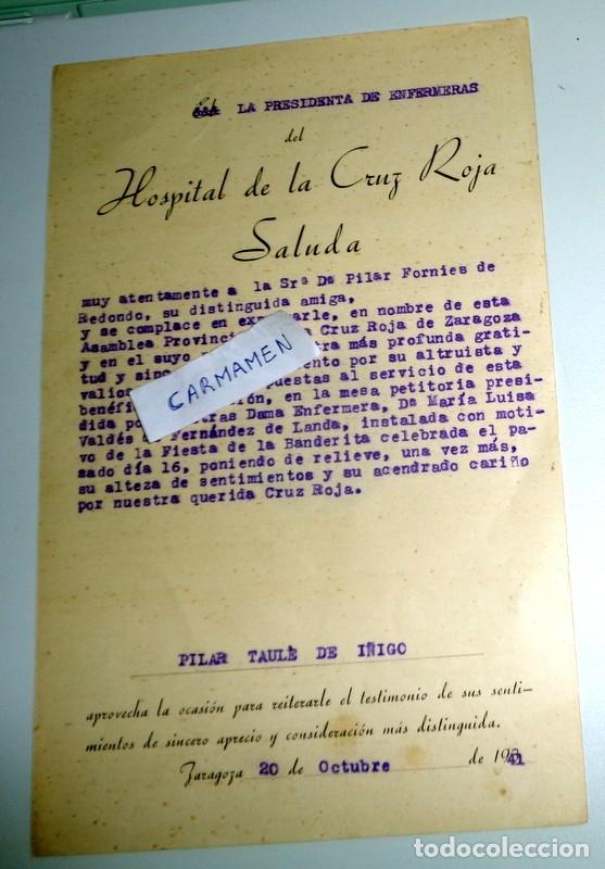 Militaria: CARTA AGRADECIMIENTO PRESIDENTA ENFERMERAS HOSPITAL CRUZ ROJA ZARAGOZA FIESTA BANDERITA GUERRA CIVIL