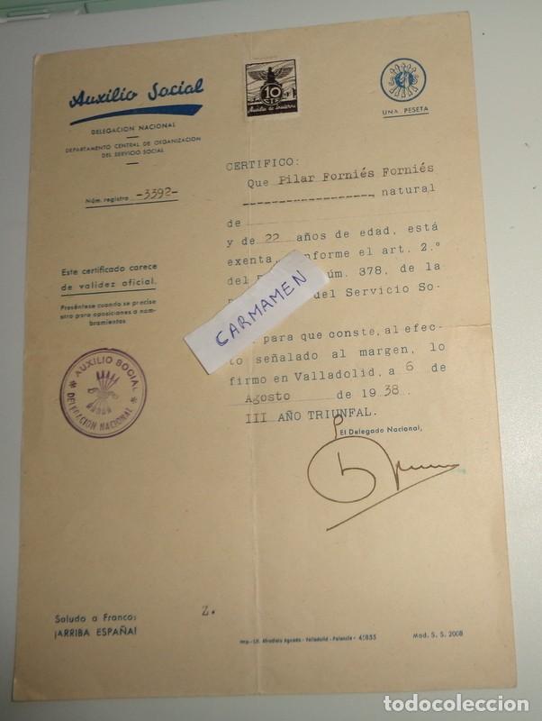Militaria: CARTA DELEGACI&Oacute;N NACIONAL AUXILIO SOCIAL BENEFICIENCIA GUERRA CIVIL 1938 VALLADOLID SELLOS FALANGE