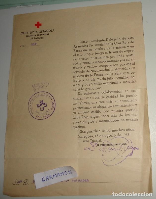Militaria: CARTA PRESIDENCIA CRUZ ROJA ESPA&Ntilde;OLA ZARAGOZA AGRADECIMIENTOS FIESTA BANDERITA A&ntilde;o 1938 GUERRA CIVIL