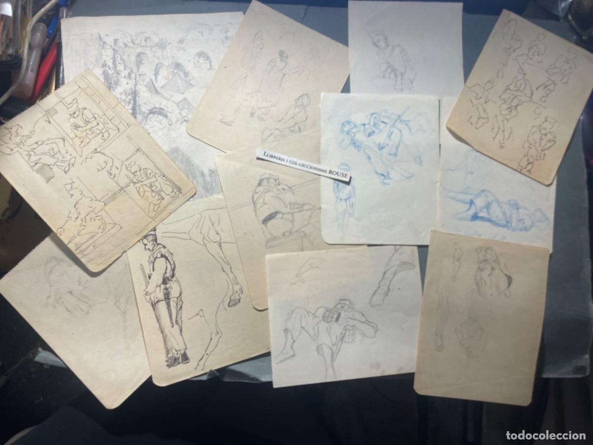 Militaria: MILITAR / GUERRA CIVIL - LOTE DE 12 DIBUJOS / APUNTES DE SOLDADOS 11 - 14X10,5 CM. 1 - 22X16 CM.