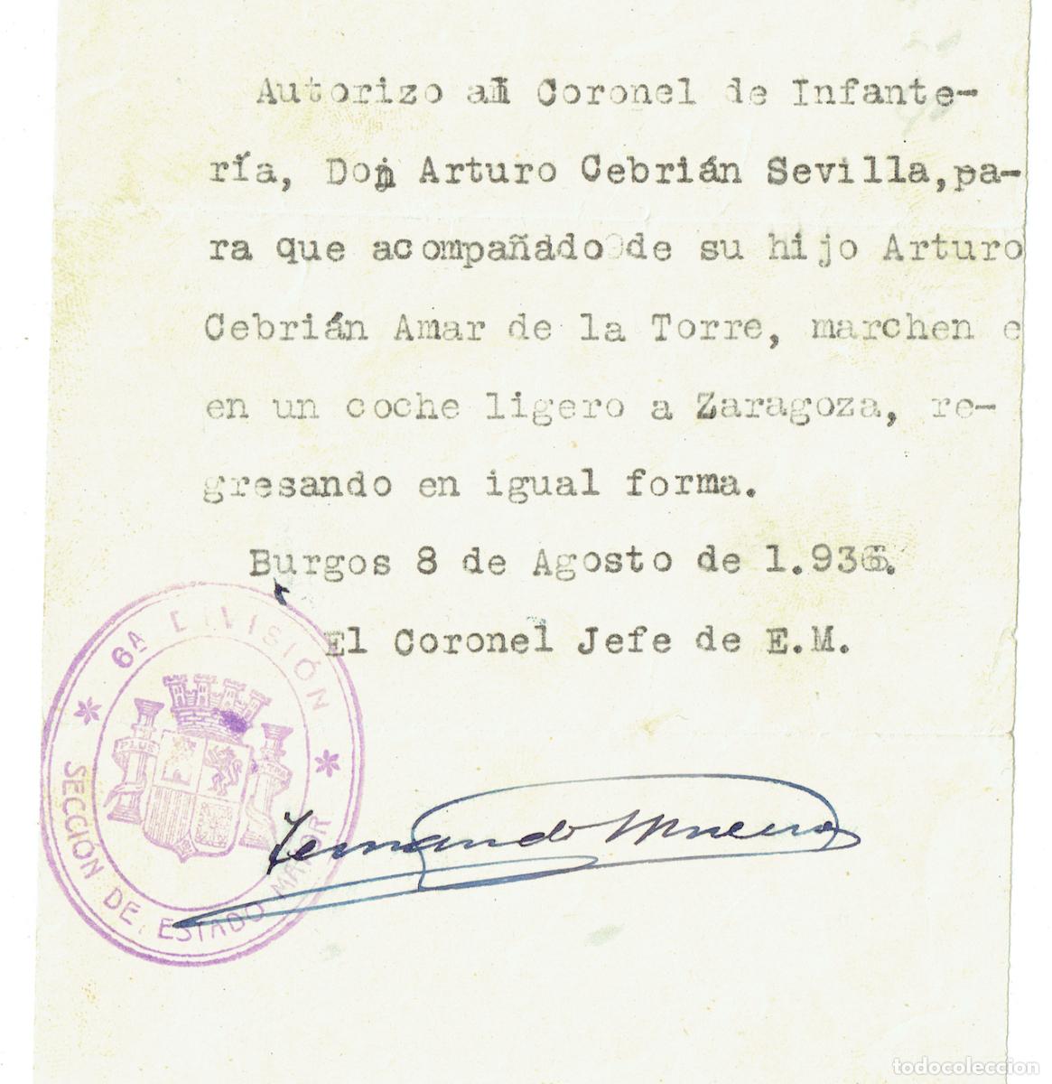 Militaria: Salvoconducto Coronel Arturo Cebri&aacute;n Sevilla &ndash; Firma Coronel Fernando Moreno &ndash; Guerra Civil Burgos