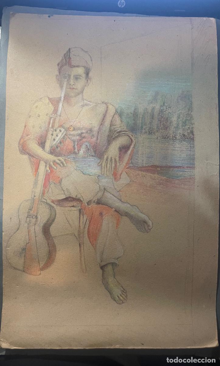 Militaria: GUERRA CIVIL / SURREALISMO - ANTIGUO DIBUJO SOLDADO SENTADO CON GUITARRA Y FUSIL CAMISA A TOPOS Y BR