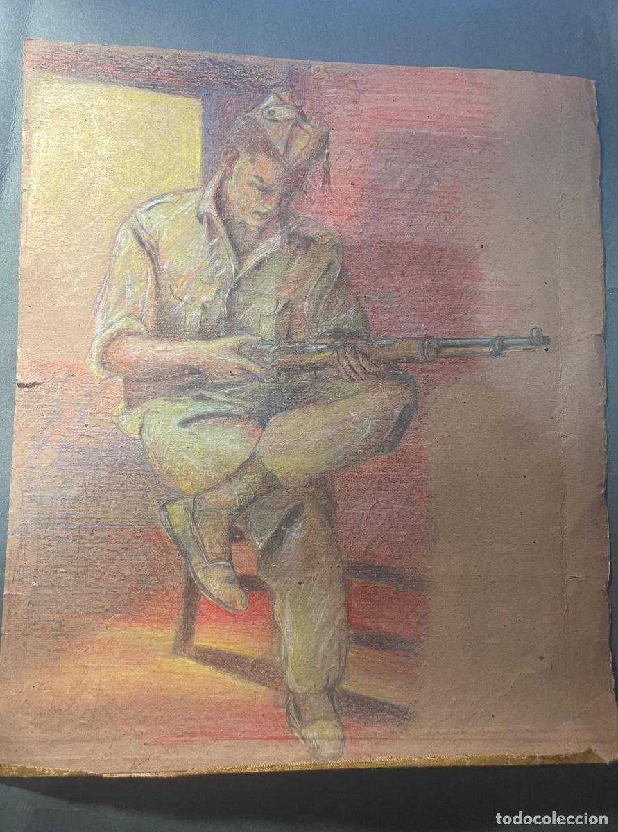 Militaria: GUERRA CIVIL - ANTIGUO DIBUJO SOLDADO A COLORES SENTADO CON FUSIL - RESTOS DE LA FIRMA ILEGIBLES