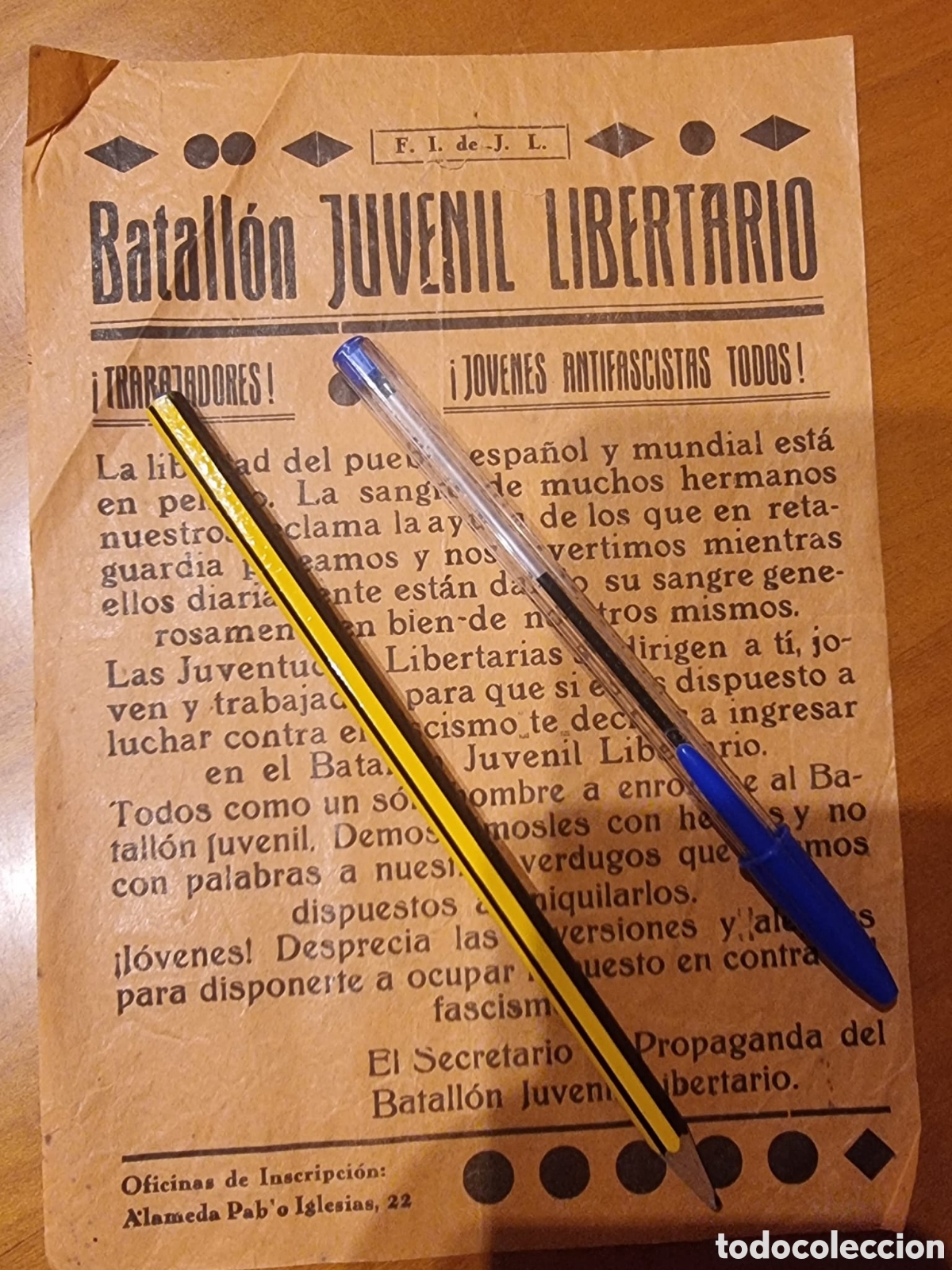 Militaria: Guerra Civil Pasqu&iacute;n Batall&oacute;n Juvenil Libertario CNT FAI Anarquismo muy raro