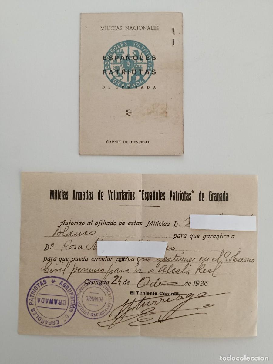 Militaria: ESPA&Ntilde;OLES PATRIOTAS DE GRANADA. MILICIAS NACIONALES. CARNET DE IDENTIDAD Y AUTORIZACI&Oacute;N. 1936.