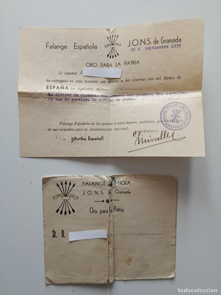 Militaria: FALANGE ESPA&Ntilde;OLA DE LAS JONS GRANADA. RECIBO DE ENTREGA DE ORO EN LA GUERRA CIVIL. 1936
