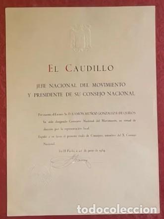Militaria: Documento original firmado por Francisco Franco, Consejo Nacional del Movimiento, El Pardo 1964