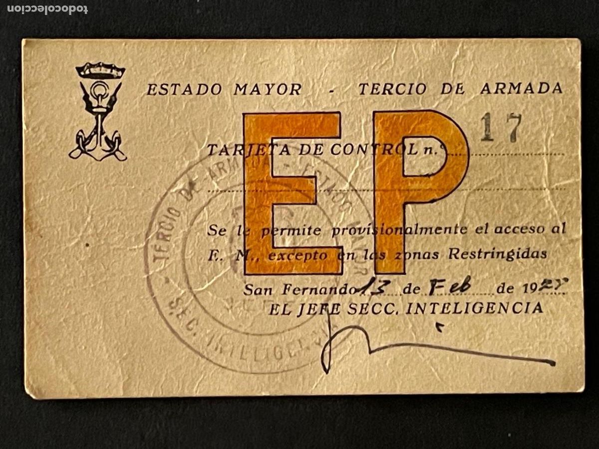 Militaria: ESTADO MAYOR - TERCIO DE ARMADA TARJETA DE CONTROL