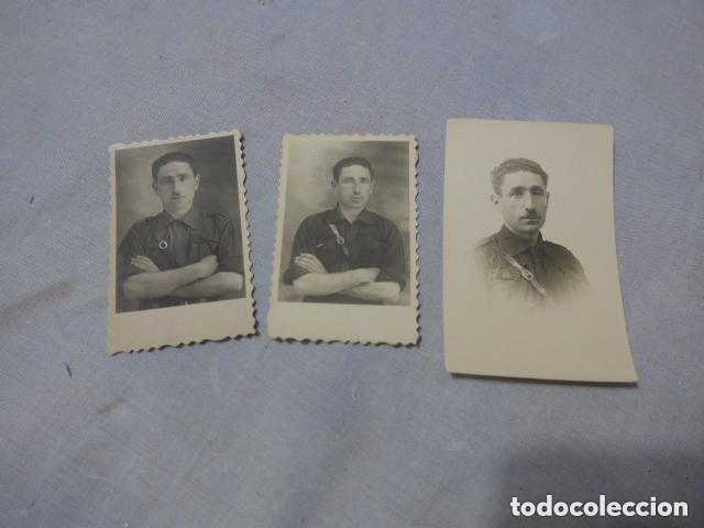Militaria: Lote 3 antiguas fotografias de falange y una con el fascio, originales de guerra civil.