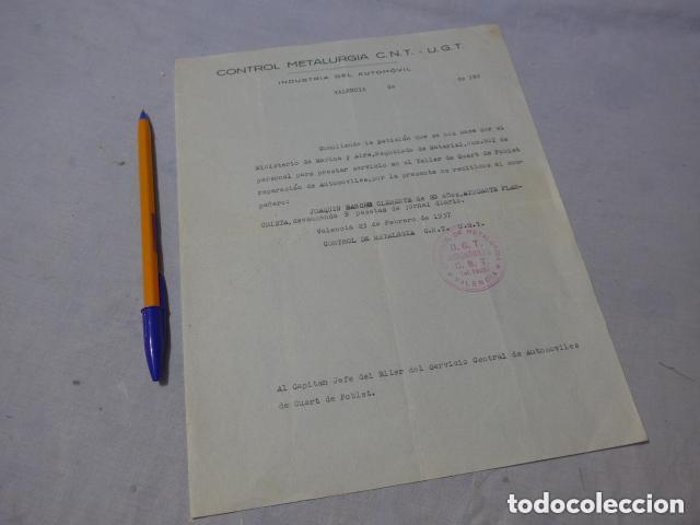 Militaria: Antiguo documento de CNT UGT automovil, Quart de Poblet, 1937, Valencia. Guerra civil.