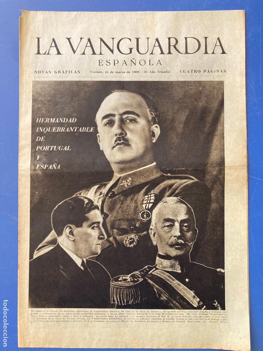 Militaria: LA VANGUARDIA, 24 - MARZO 1939, HERMANDAD PORTUGAL ESPA&Ntilde;A, PUEBLOS DESTRUIDOS POR LAS HORDAS ROJAS