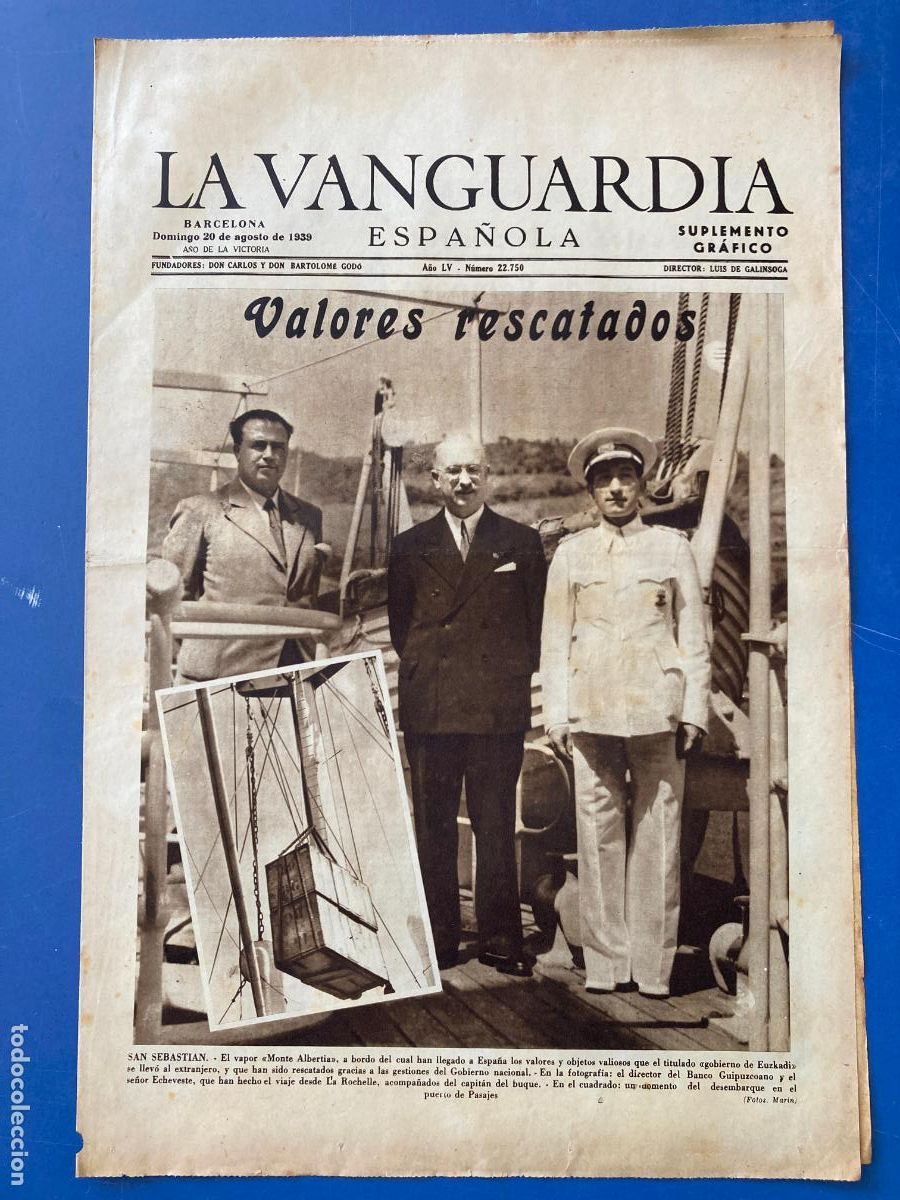 Militaria: LA VANGUARDIA, 20 - AGOSTO 1939, VALORES RESCATADOS, SAN SEBASTIAN