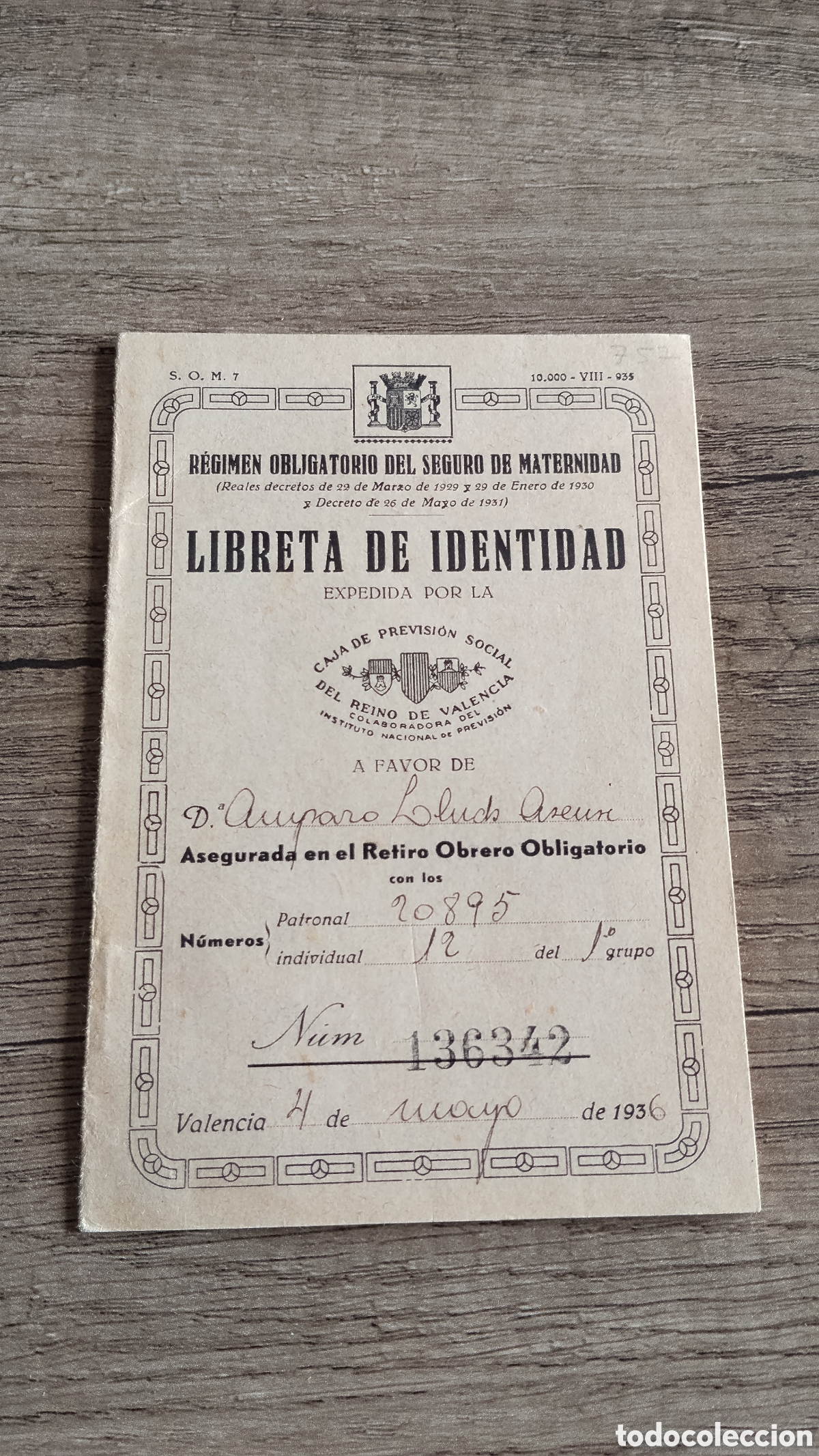 Militaria: Carnet libreta de identidad seguro de maternidad guerra civil.republicana.valencia.1936.gobierno . m