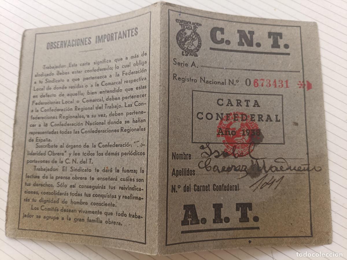 Militaria: CARNET CNT - AIT - CARTA CONFEDERAL A&Ntilde;O 1938- INCLUYE CUPONES, GUERRA CIVIL, LINARES, JAEN