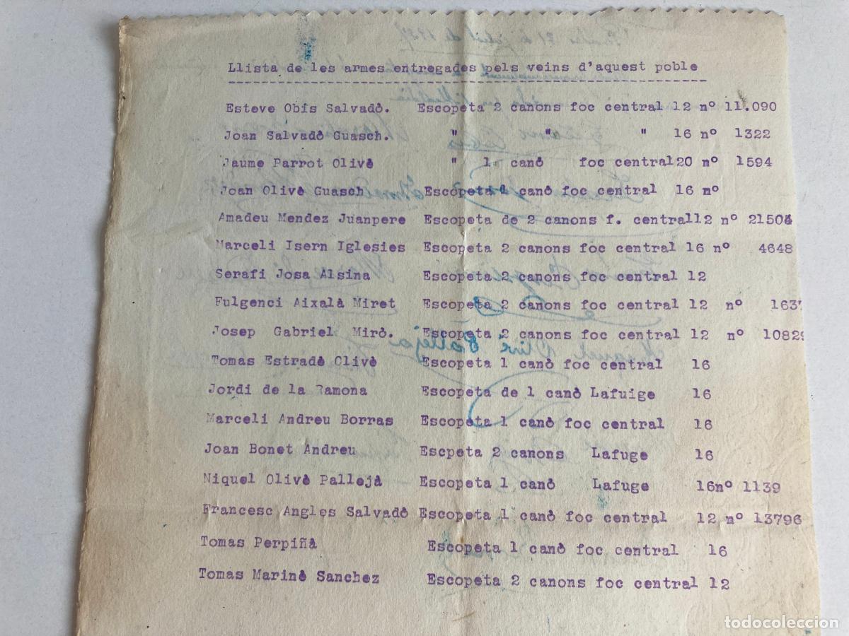 Militaria: Alcaldia de Prades, llista de armes entregades als veins, guerra civil a&ntilde;o 1937, Documento historico