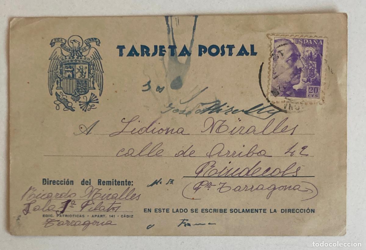 Militaria: Postal de un preso de la carcel de Tarragona a Riudecols, se puede leer.