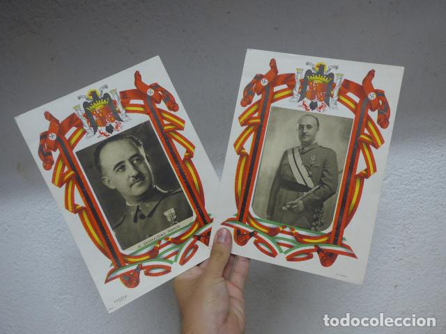Militaria: Lote 2 antiguos cartel con postal de Francisco Franco con banderas de sus aliados de Guerra civil