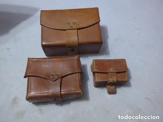 Militaria: Lote 3 antigua cartuchera marron republicana, distintos tama&ntilde;os, raras, original.