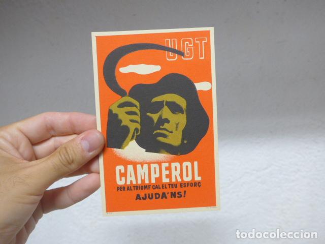 Militaria: Antigua postal republicana catalana original de la UGT PSU, Camperol Ajuda'ns. Guerra civil