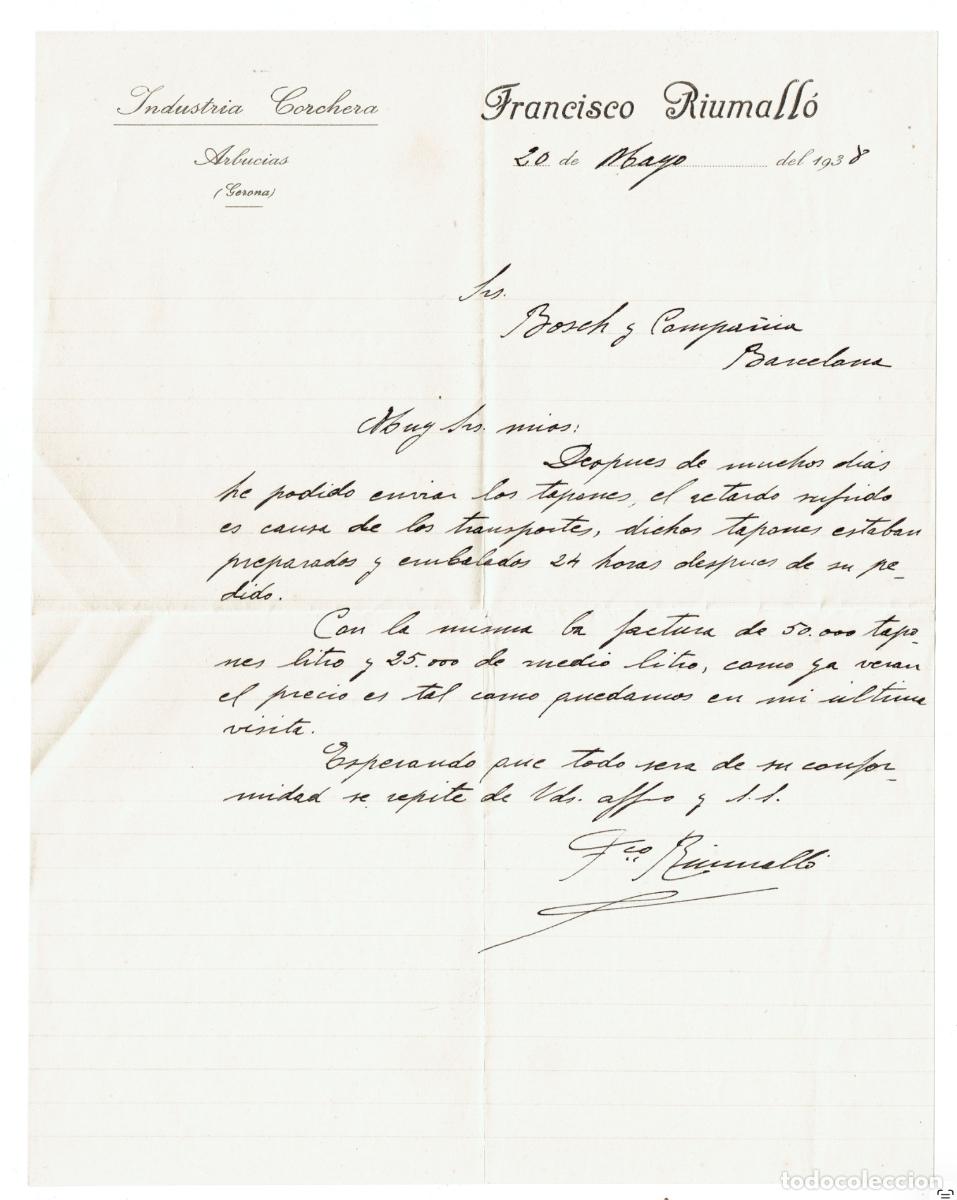 Militaria: Carta comercial Francisco Riumall&oacute; &ndash; Ind&uacute;stries sureres &ndash; Guerra Civil &ndash; Arb&uacute;cies 1938 An&iacute;s del Mono