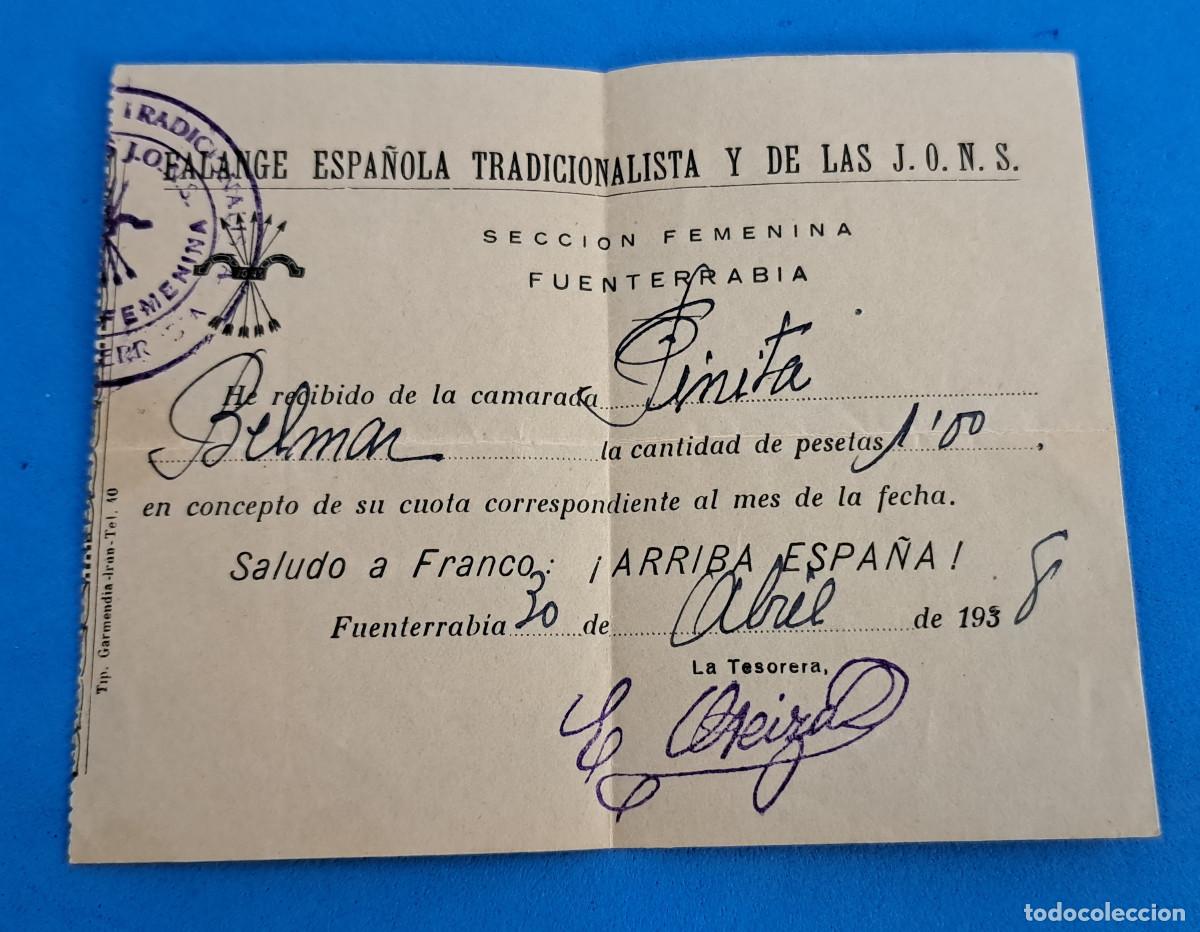 Militaria: FALANGE ESPA&Ntilde;OLA TRADICIONALISTA Y DE LAS J.O.N.S. - RECIBO PAGO CUOTA - FUENTERRAB&Iacute;A -30 ABRIL 1938