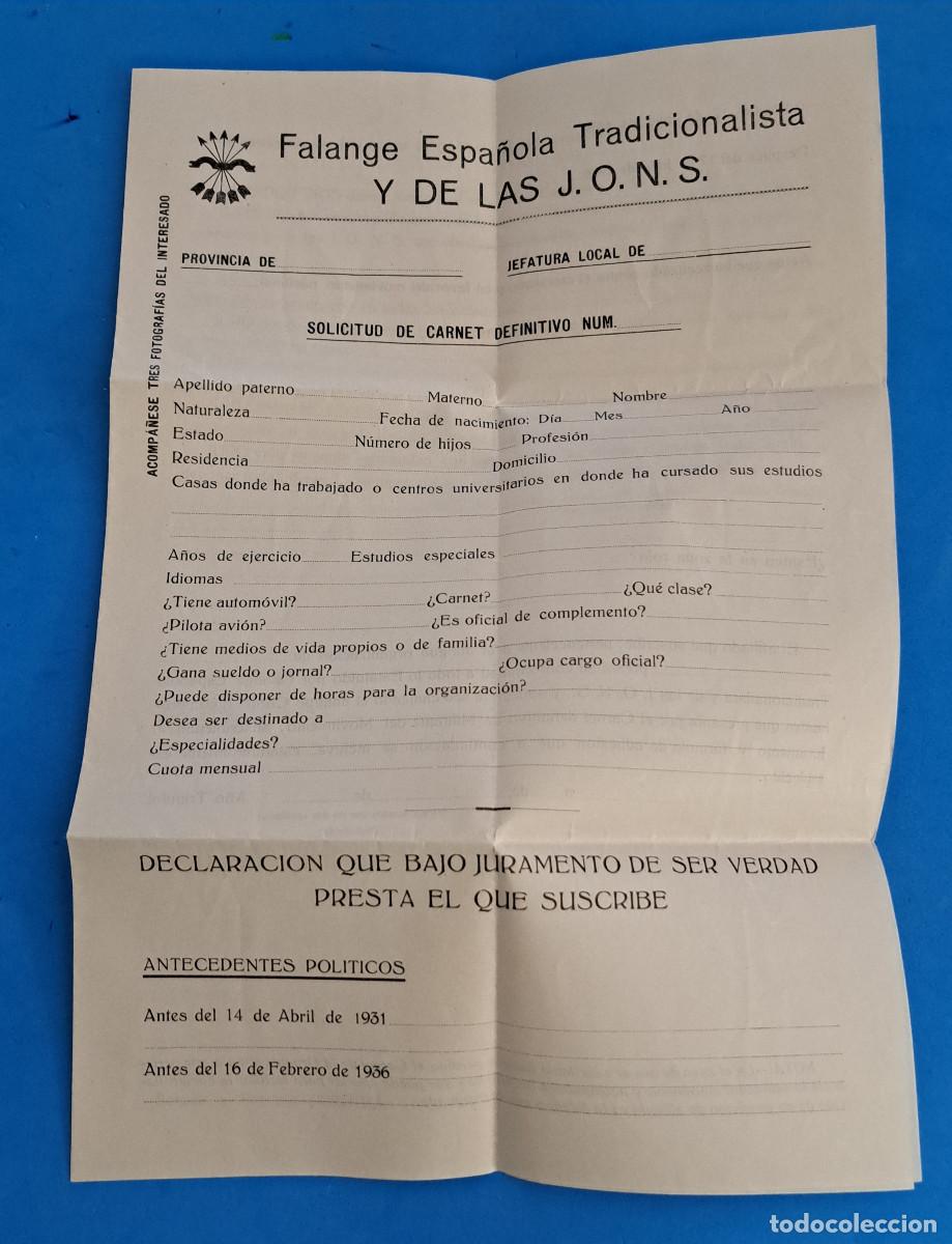 Militaria: FALANGE ESPA&Ntilde;OLA TRADICIONALISTA Y DE LAS J.O.N.S. - IMPRESO SOLICITUD CARNET - SIN USO