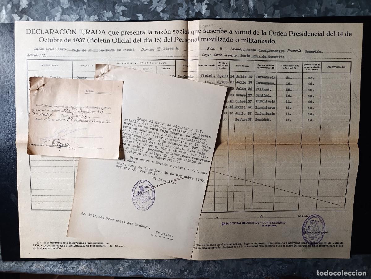 Militaria: GUERRA CIVIL A&Ntilde;O 1937. DELEGADO PROV. TRABAJO-DECLARACI&Oacute;N JURADA PERSONAL MOVILIZADO O MILITARIZADO.