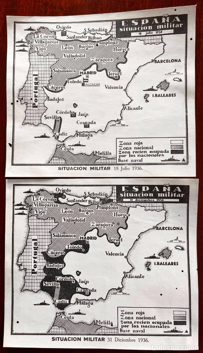 Militaria: PAREJA DE MAPAS GUERRA CIVIL ESPA&Ntilde;OLA, SITUACI&Oacute;N MILITAR 18 JULIO Y 31 DICIEMBRE 1936, CARTOGRAF&Iacute;A