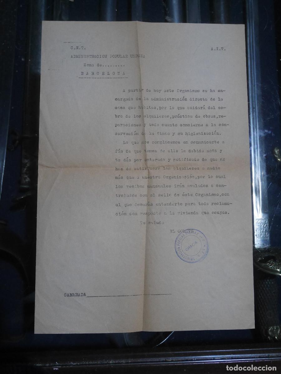 Militaria: Documento de la CNT y la AIT de adjudicaci&oacute;n o incautaci&oacute;n de alquiler en Barcelona 1936