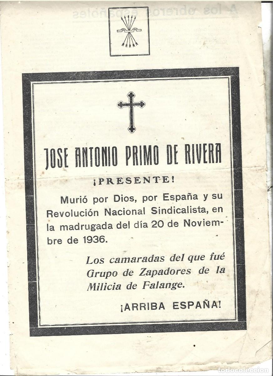 Militaria: ESQUELA- FOLLETO DE JOSE ANTONIO PRIMO DE RIVERA CON MOTIVO DEL TRASLADO DE SUS RESTOS AL ESCORIAL