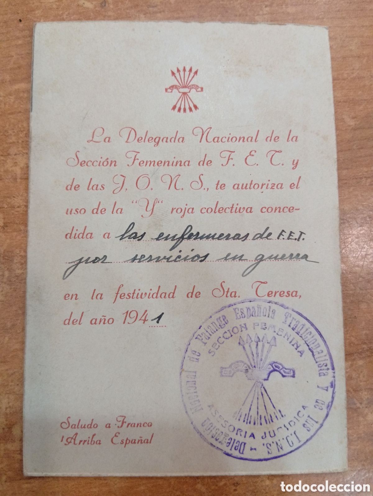 Militaria: Concesion del uso de la &rdquo;Y&rdquo; roja colectiva. Firmada por Pilar Primo de Rivera.Guerra Civil Espa&ntilde;ola