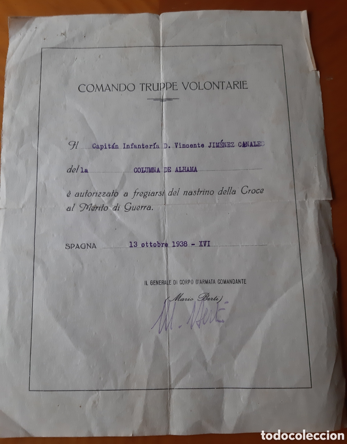 Militaria: Guerra Civil. CTV Italia. Columna Alhama. Concesi&oacute;n cruz de guerra 1938. R10189