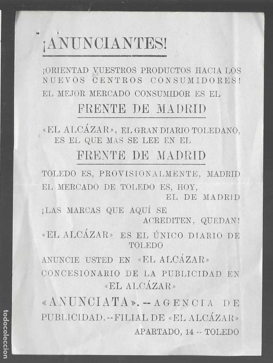 Militaria: OCTAVILLA AGENCIA PUBLICIDAD-ANUNCIATA- EL ALCAZAR MAS SE LEE FRENTE DE MADRID, LEER YVER FOTOS