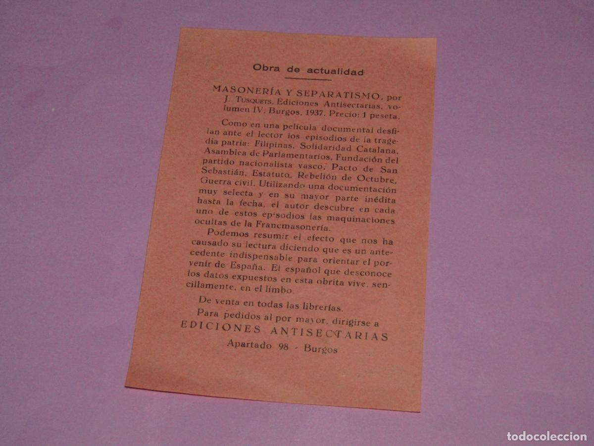 Militaria: Antigua Publicidad MASONERIA Y SEPARATISMO de Ediciones Antisectarias Burgos 1937