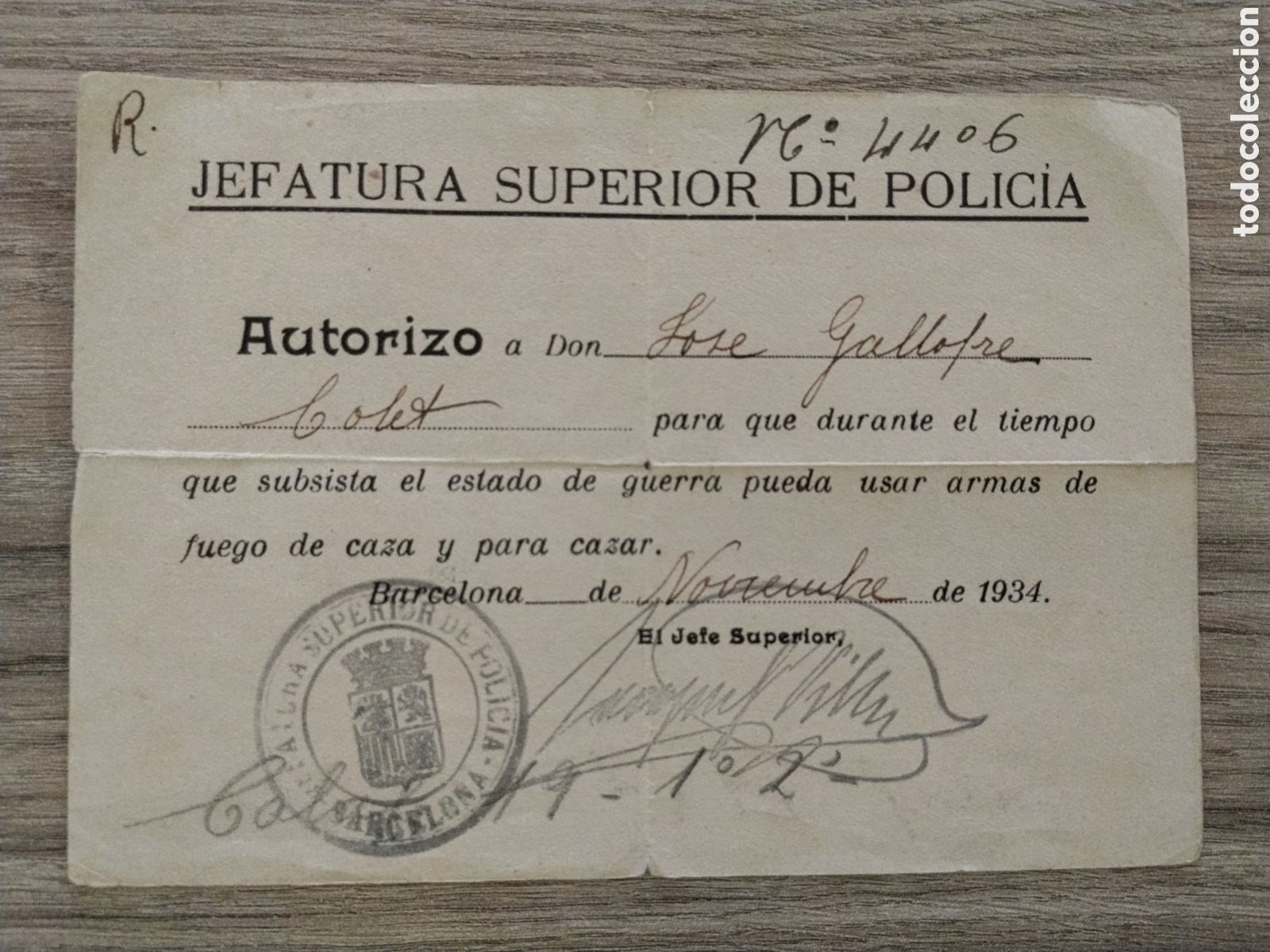 Militaria: Documento permiso de armas especial revoluci&oacute;n Asturias 1934.barcelona.policia.republica espa&ntilde;ola.pr