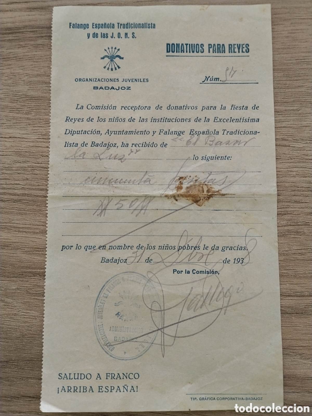 Military Antiques: Documento falange guerra civil Badajoz 1938.organizaciones juveniles.falangista.frente de juventudes