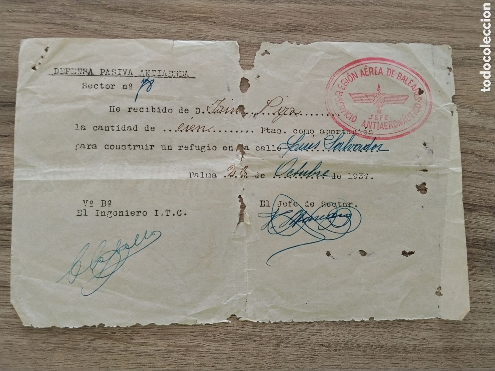 Militaria: Documento guerra civil aviaci&oacute;n construcci&oacute;n refugio antia&eacute;reo.bando nacional.falange.requete.ctv.