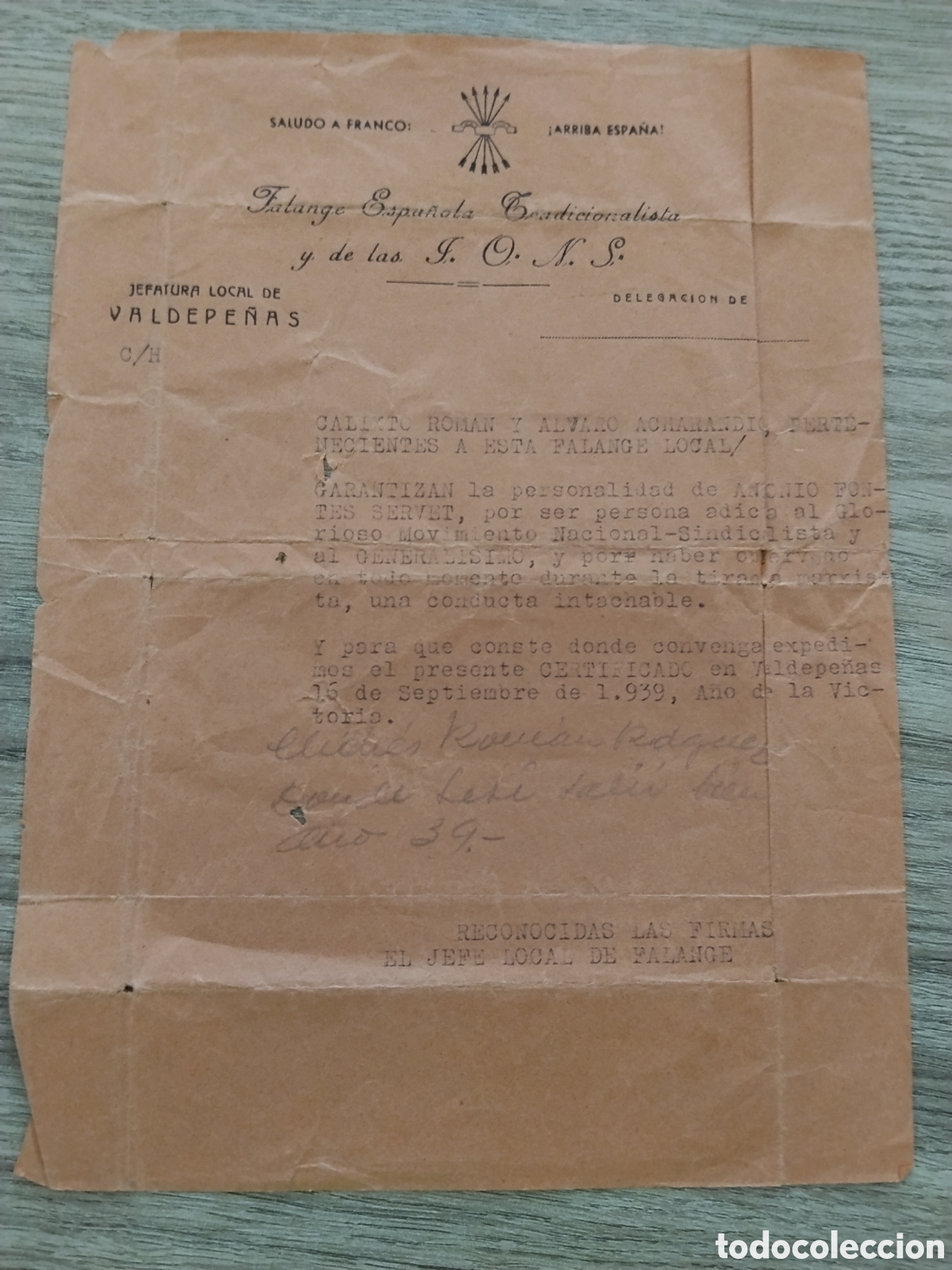 Militaria: Documento guerra civil falange valdepe&ntilde;as garant&iacute;a.falangista.requete.militar.patriotico.franco.