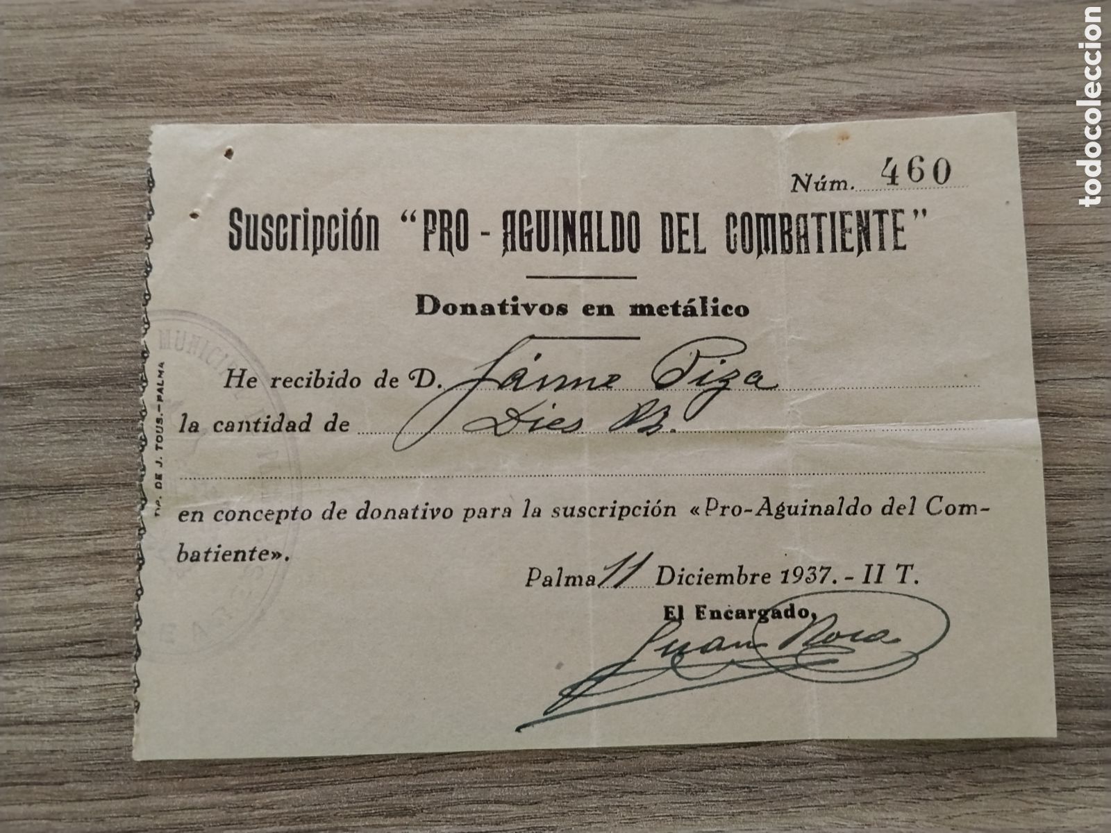 Militaria: Documento guerra civil baleares aguinaldo pro combatiente.falange.requete.patriotico.bando nacional.