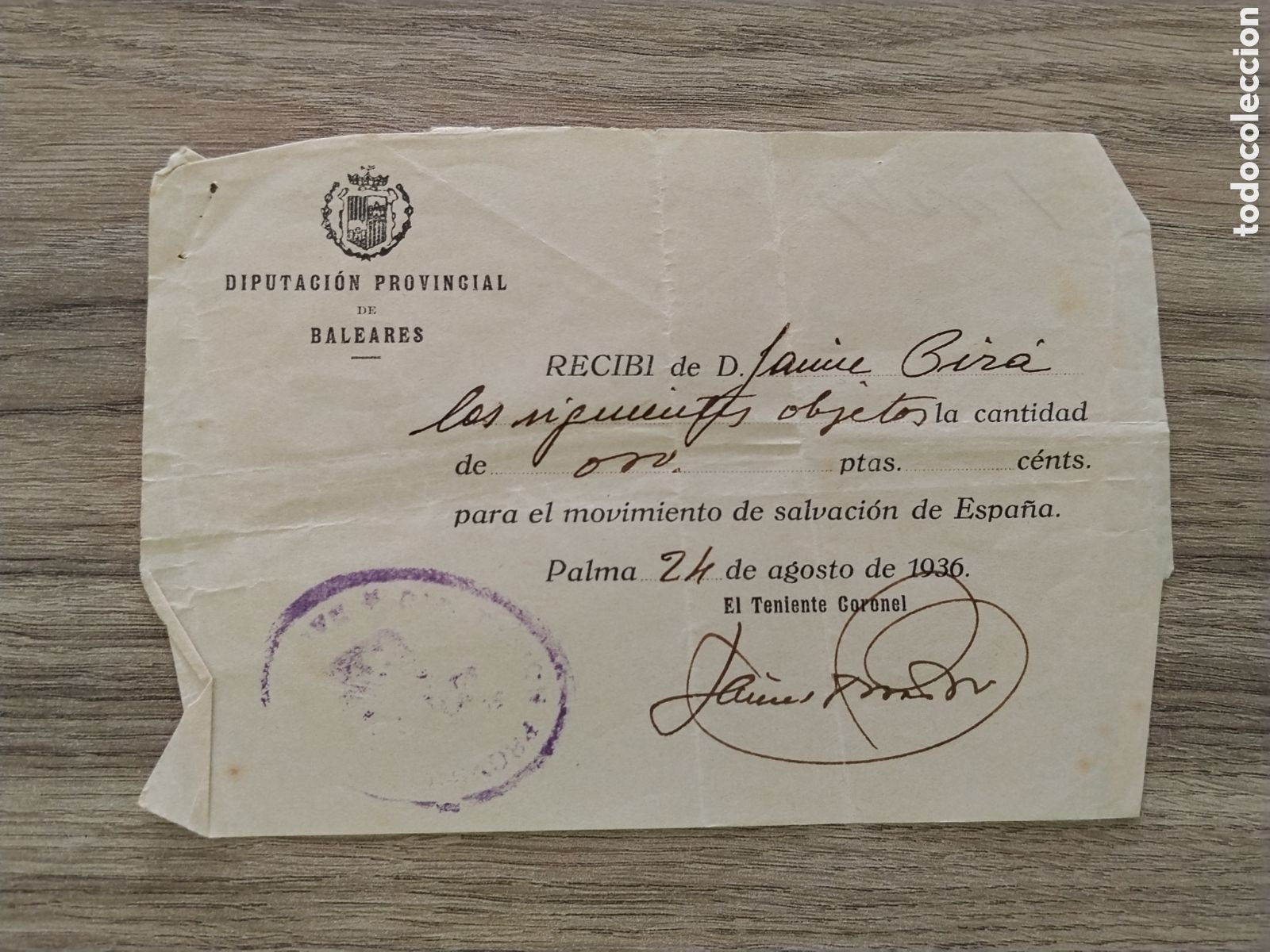 Militaria: Documento guerra civil baleares aportaci&oacute;n salvaci&oacute;n de espa&ntilde;a.patriotico.falange.requete.palma de m