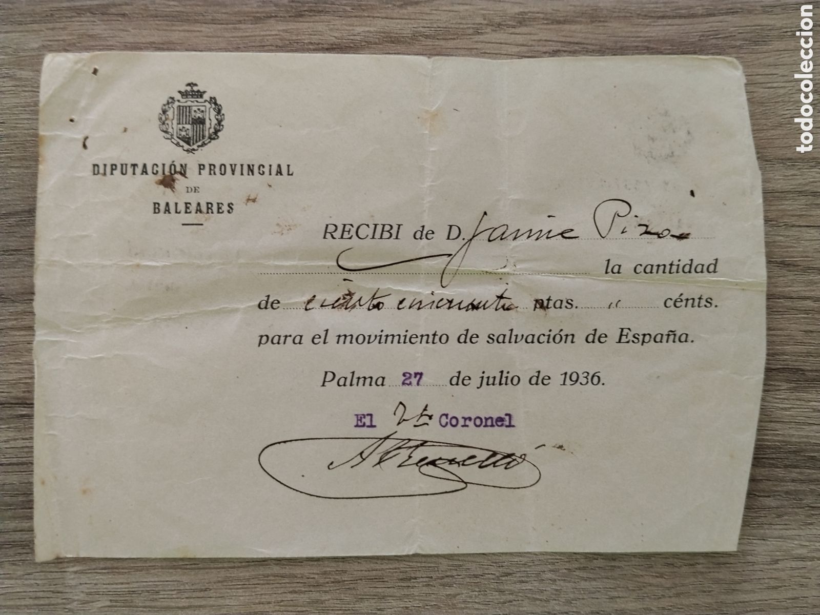 Militaria: Documento guerra civil baleares aportaci&oacute;n salvaci&oacute;n de espa&ntilde;a.patriotico.falange.requete.palma de m