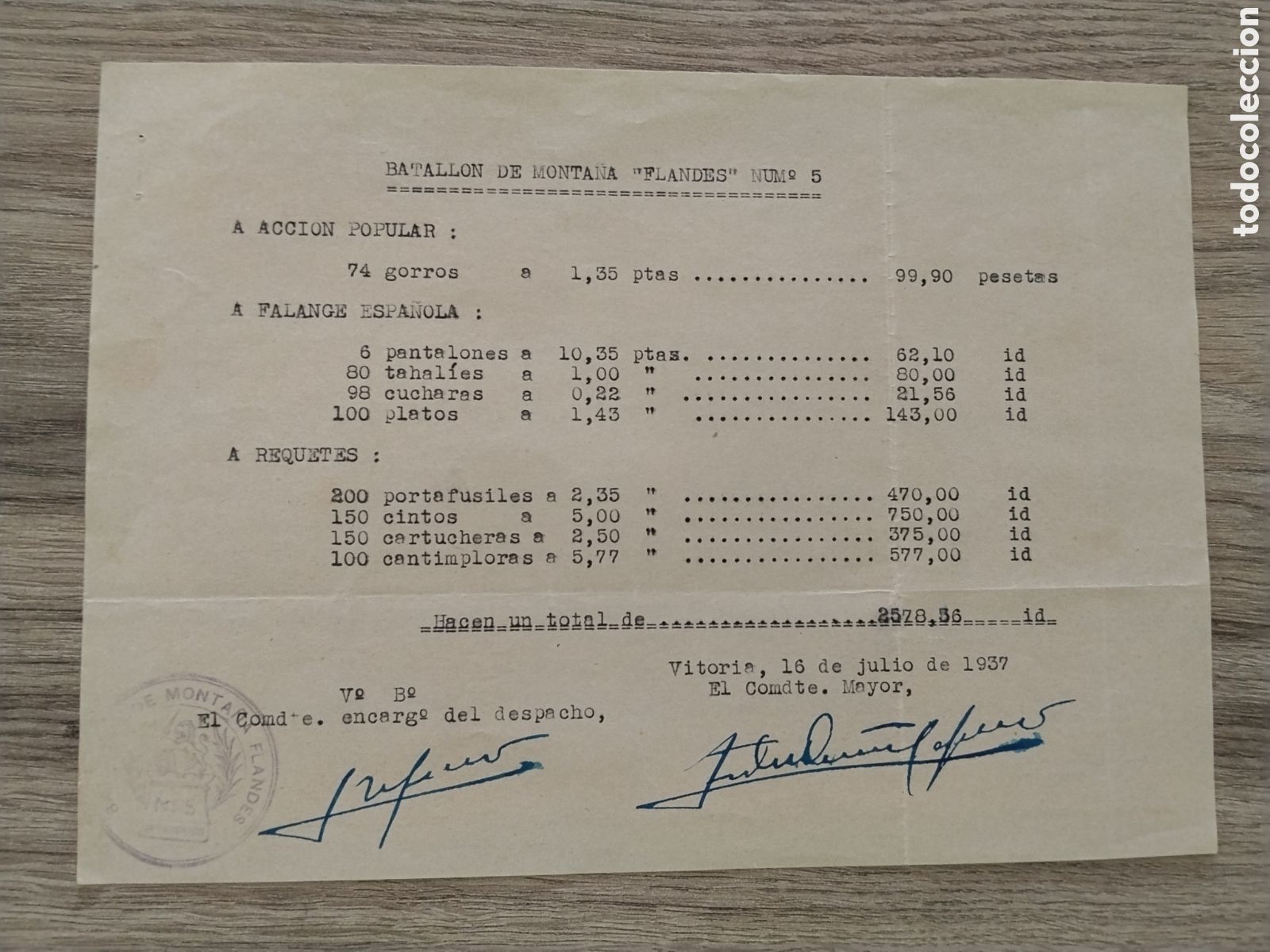 Militaria: Documento guerra civil Vitoria 1937.bando nacional.euskadi.gasteiz.falange.requete..patriotico.milit