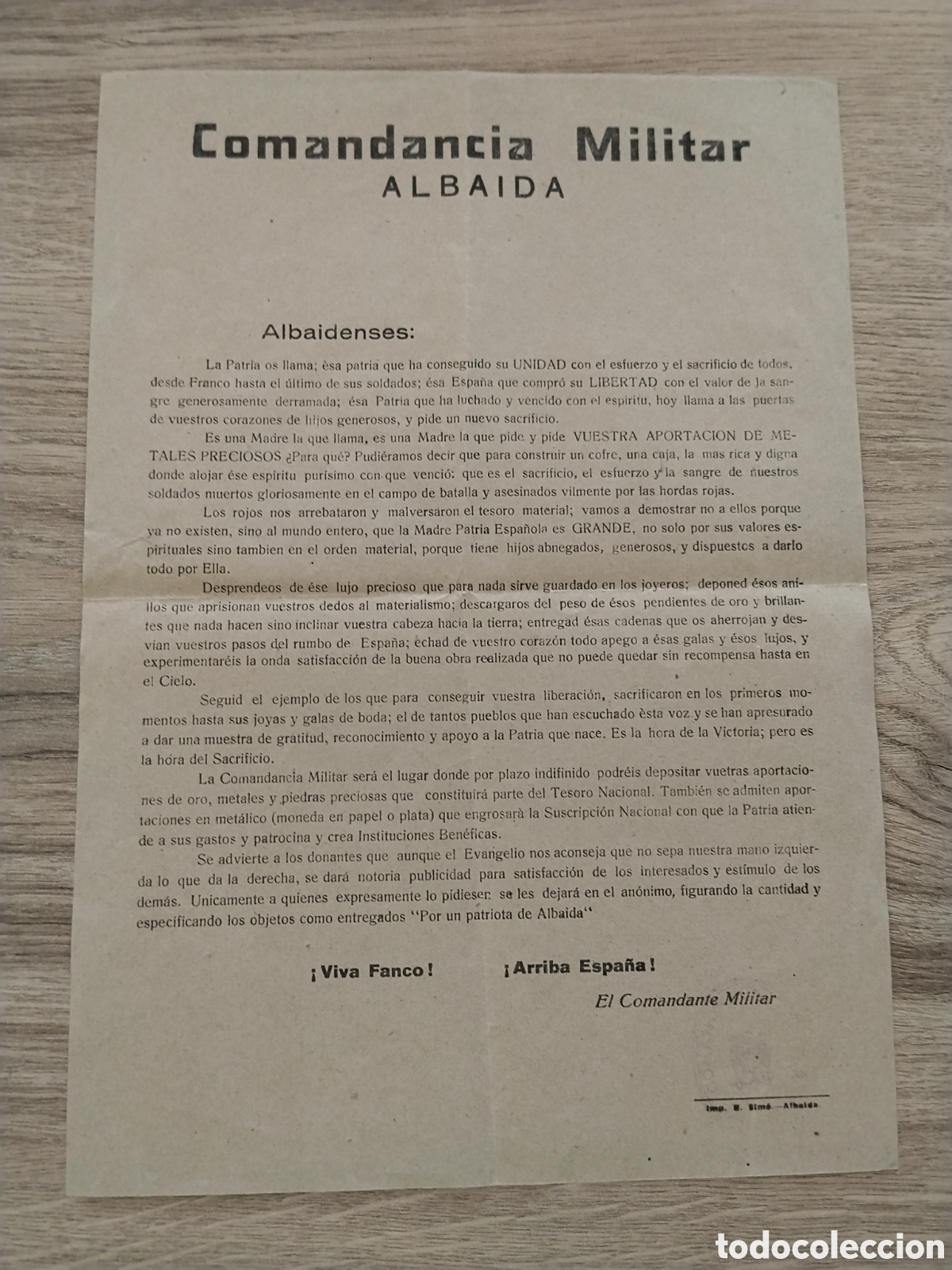 Militaria: Cartel guerra civil bando municipal albaida.falange.falangista.requete.patriotico.militar.aportacion